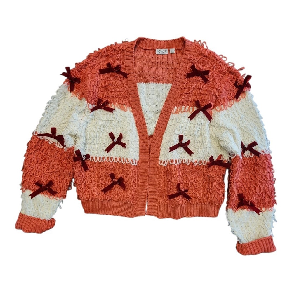 Woman's Sweater Striped Holiday Loop & Bow Red Pink White‎ Cardigan  XL Preppy